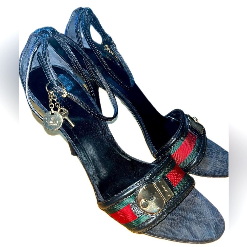 GUCCI GG & Black Leather And Web
Ankle Strap Sandals Size 10B - Picture 3 of 15